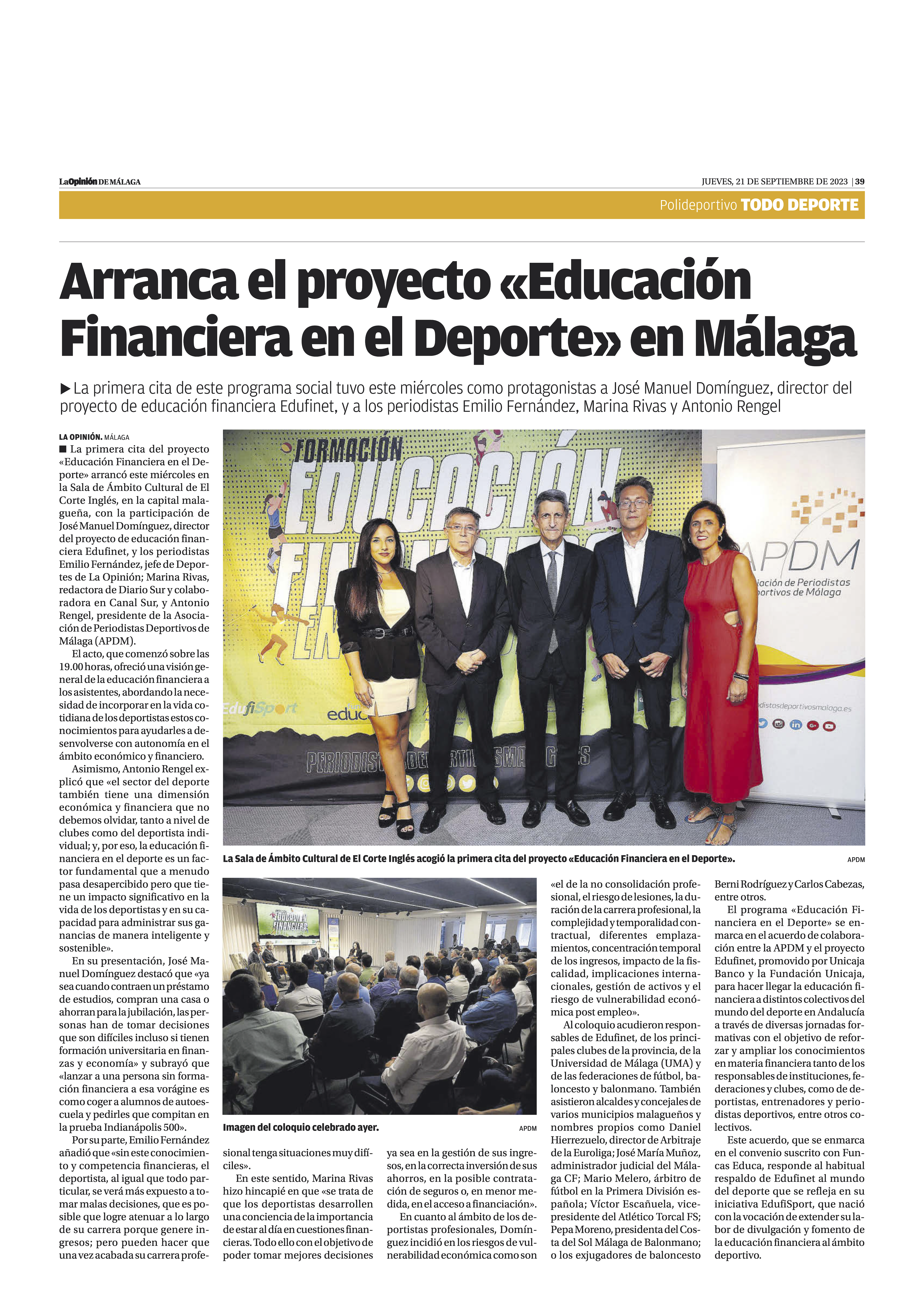 Arranca el proyecto «Educación Financiera en el Deporte» en Málaga